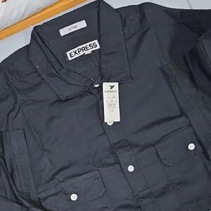 Express Men's Black Button Up Shirt Short Sleeve L/G Fitted NWT